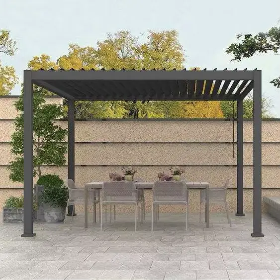 Pergola à persiennes en métal avec toit motorisé et lumières LED – Housse de patio de jardin extérieure étanche avec télécommande