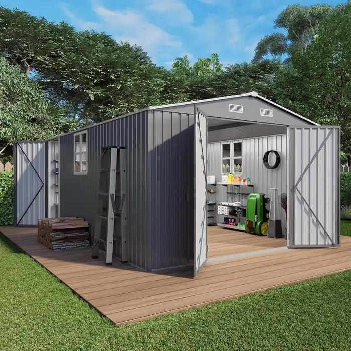 Abri de jardin extérieur 10x14x6,7 pieds, abri de jardin en acier galvanisé avec porte et fenêtre ve